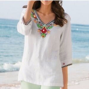 Soft Surrondings Embroidered V-Neck White Women's Tunic Top